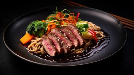  a plate of food with noodles, broccoli and carrots.  generative ai