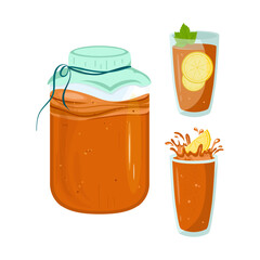 Kombucha in a jar and a glass with lemon. Splashes, drops. Vector set