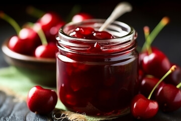 Cherry jam in glass on wooden background.