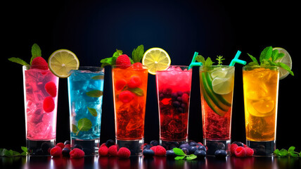 Creative Image of Vibrant and Alcohol-free Mocktails, Garnished with Fresh Fruits, Herbs, and Colorful Straws, appealing to Non-Alcoholic Beverage Enthusiasts. Ai Generated 8K.