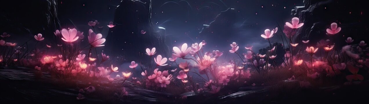 a black background with pink flowers Generative AI © sean