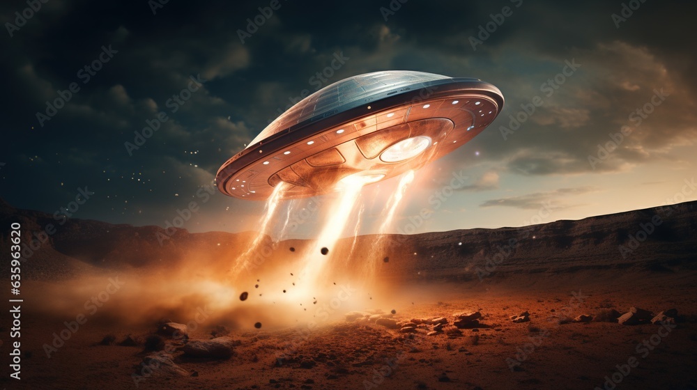 Poster a large flying object in the middle of a desert area. generative ai