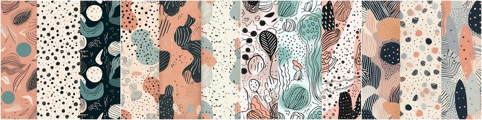 Set of three seamless patterns Hand drawn various shapes and patterns Abstract modern modern trendy vector illustration Stamp texture Each pattern is isolated - obrazy, fototapety, plakaty