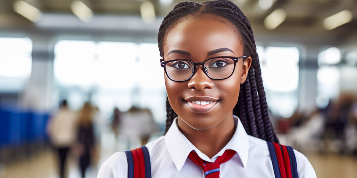 Inspirational African female student in glasses and school uniform, exhibiting intellect and strength within a university gymnasium setting. 
