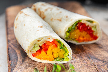 tortilla vegetable tacos vegetarian vegan food burrito fajita shawarma with vegetables pita healthy meal food snack on the table copy space food background rustic top view 