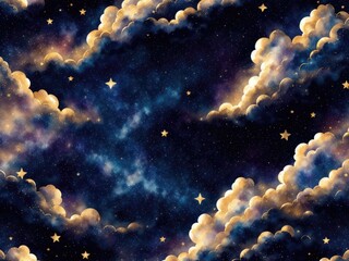 Seamless pattern of the night sky with gold foil clouds watercolour