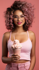 Luxurious girl in trendy pink is holding an ice cream. Girl in the style of the 90s. stylish pink color in accessories and make-up.
