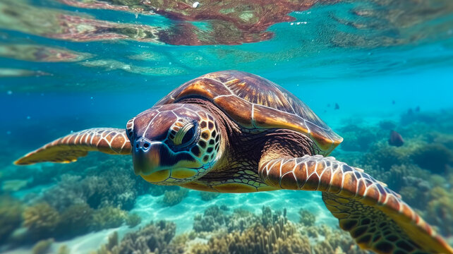 Photograph of Graceful Sea Turtles Swimming in Crystal-Clear Waters, AI Generated 8K.