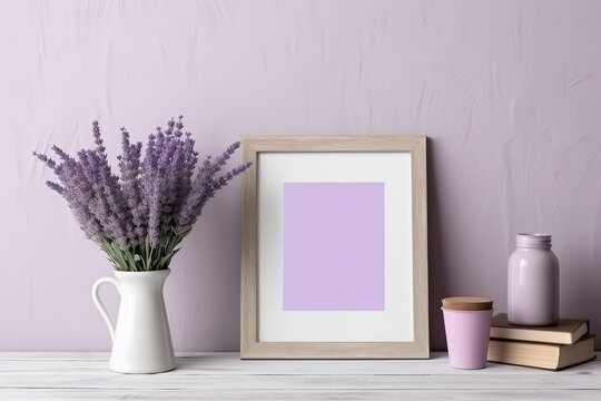 Blank frame with purple lavender in a vase.