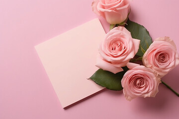 White blank paper card with pink roses on pink background.