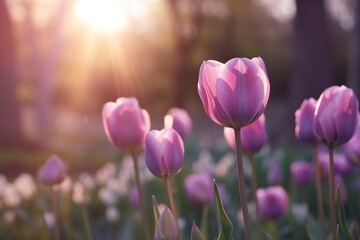 Close up tulip on field with  sunrise background. - obrazy, fototapety, plakaty