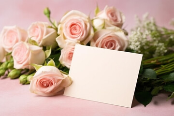 White blank paper card with pink roses on pink background.