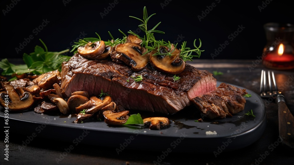 Poster a steak with mushrooms on a plate with a knife and fork. generative ai