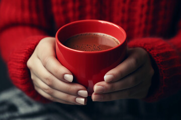 Woman's hand holding a red coffee mug.