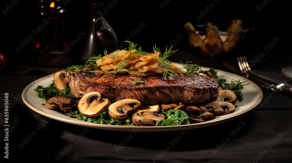 Aufkleber a steak with mushrooms and mushrooms on a plate with a fork. generative ai