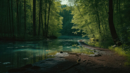 Fototapeta premium A lake in the shape of human footprints in the middle of a lush forest as a metaphor for the impact of human activity on the landscape and nature in general.