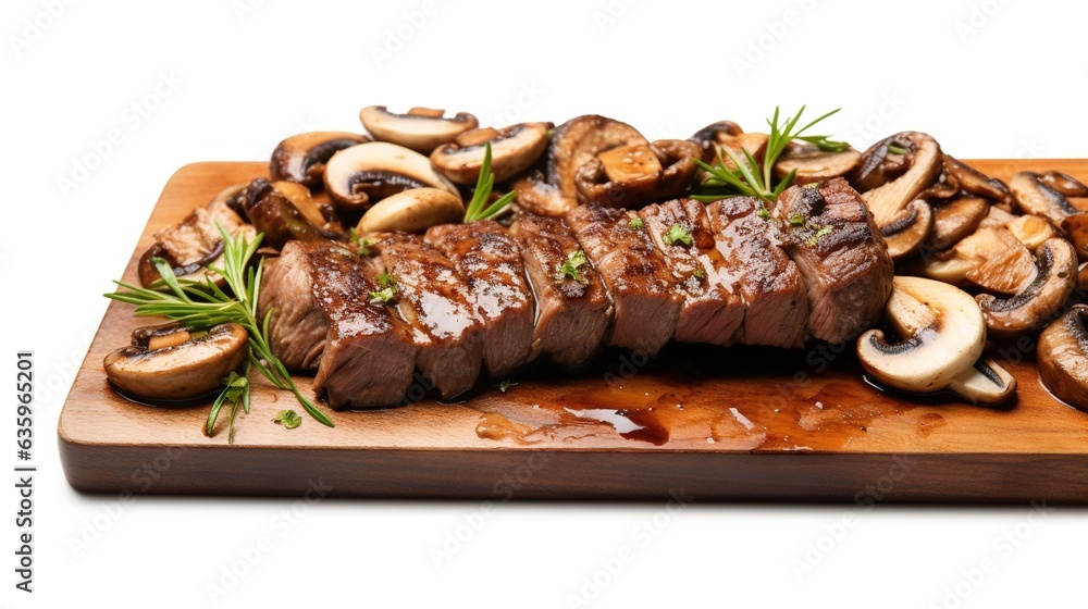 Poster a steak with mushrooms on a cutting board with a side of mushrooms. generative ai