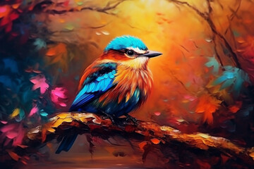 Beautiful bird on branch in the forest,fantasy mystical background.