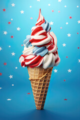 Ice Cream in a cone in colors of American flag. Generative Ai