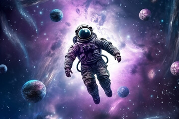 Fototapeta na wymiar Astronaut floating around in the galaxy with planets background.
