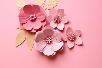 Fototapeta na wymiar Origami pink flower on pink background ,paper cut style.