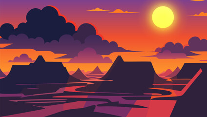 Sunset scene with a river and mountains in the background and a sun setting in the distance with clouds, colorful flat surreal design, a matte painting, color field. Cartoon anime background.