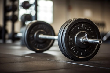 Weights barbell in a gym .