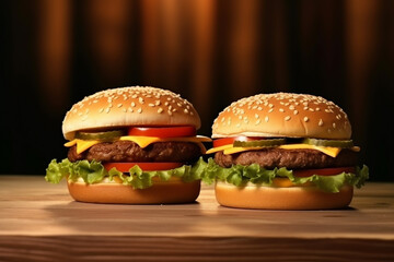 Tasty cheeseburger on wooden background.