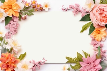 Greeting card empty with colorful beautiful flowers on background.
