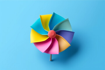 Vibrant colorful  pinwheel on blue background.