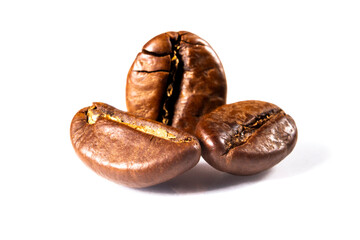 Coffee beans isolated on white background.Closeup, macro. top view , flat lay.