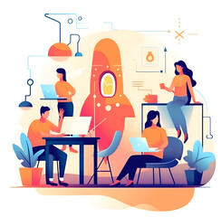 Fototapeta premium New business, start up concept illustration. Creative people working together, collaborating on a new project around abstract rocket 
