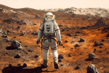 Astronaut walking on a surface planet.
