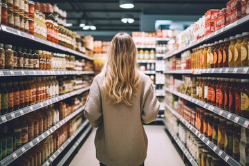 Woman standing with shopping in a supermarket.