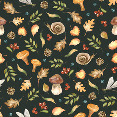 Autumn seamless pattern with mushrooms, snail, yellow, green leaves, red berries, oak leaves, fin cone on a dark background. Watercolor print for Thanksgiving, harvest day, autumn farm fair.
