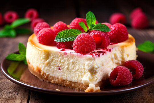 Cheesecake with fresh berries on wooden background.