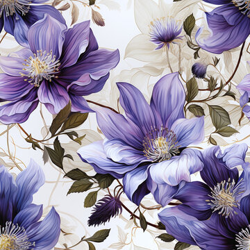 Seamless flower pattern. Decorative watercolor clematis wallpaper. Botanical style illustration background.