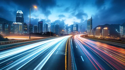 Fast motion speed car light trails on night city road. Night megapolis highway lights of cityscape background. Street long exposure motion lights, the vibrant cityscape
