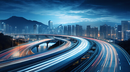 Fast motion speed car light trails on night city road. Night megapolis highway lights on bridge of...