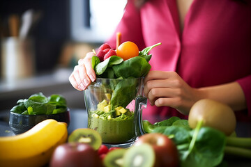 Woman using fruit blender in the kitchen for healthy fruit and vegetable smoothies. - 635967473