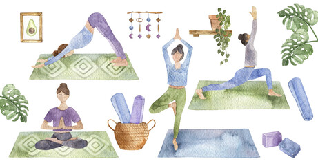 Set of watercolor woman in various yoga poses. Watercolor illustrations Isolated on white. Hand-drawn pictures of girl meditating, stretching. Home decor background.