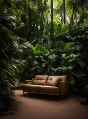Fototapeta premium luxury sofa in the tropical forest Daylight Cinematic generative ai illustration art