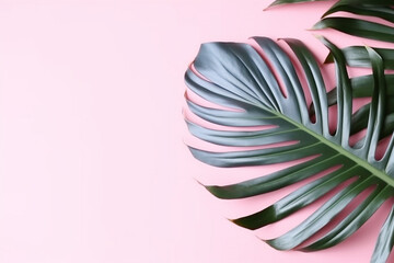 Monstera palm leaves on pastel pink background.