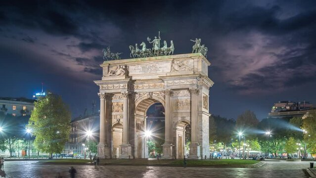 The Arch of Peace milan italy time lapse hyperlapse video in 4k, milan italy at night.