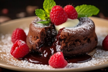 Chocolate lava cake in plate with berry fruit.