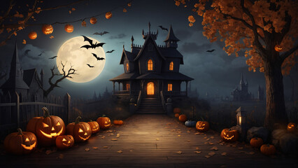 Fototapeta na wymiar Halloween background with haunted house, pumpkins and witch's house