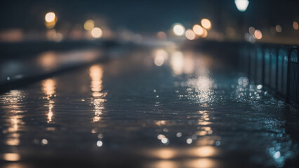 Flooded road, rainy night, city lights, bokeh
