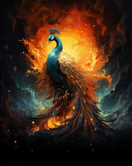  a peacock fire in a fireplace in a dark night, in the style of hyper-realistic animal illustrations, generative AI © Umi Sakina