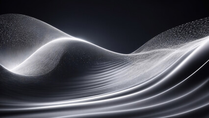 abstract silver wavy background with glowing particles in empty space