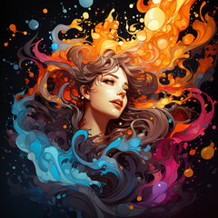 beautiful girl with isolated A vivid paint splash swirling, mix of colors as two chemicals reaction. Generative AI.
